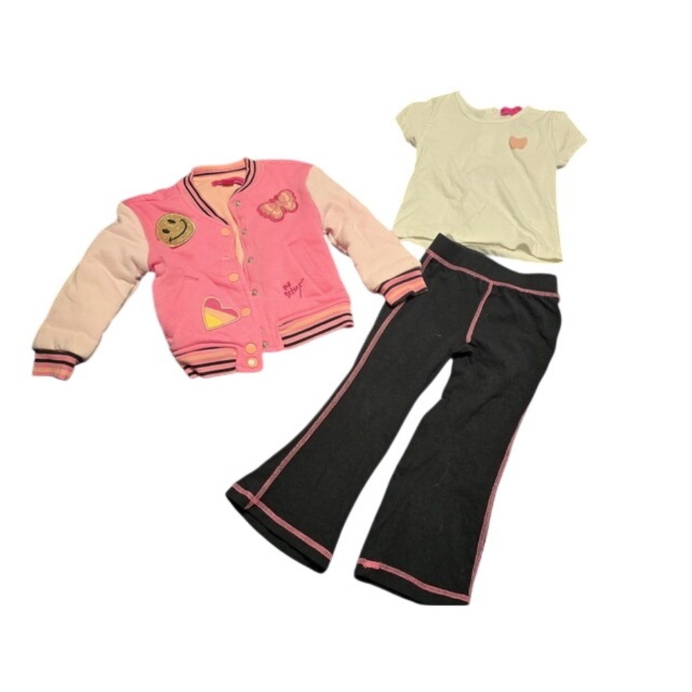 Betsey Johnson Girls 3 Piece Set Pink Varsity Jacket White Tee Black Flare Pants